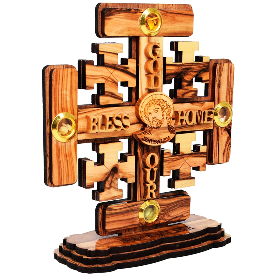 ‘God Bless Our Home’ Olive Wood Jerusalem Cross with Incense (side view)