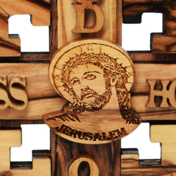 'God Bless Our Home' Olive Wood Jerusalem Cross with Incense (detail)
