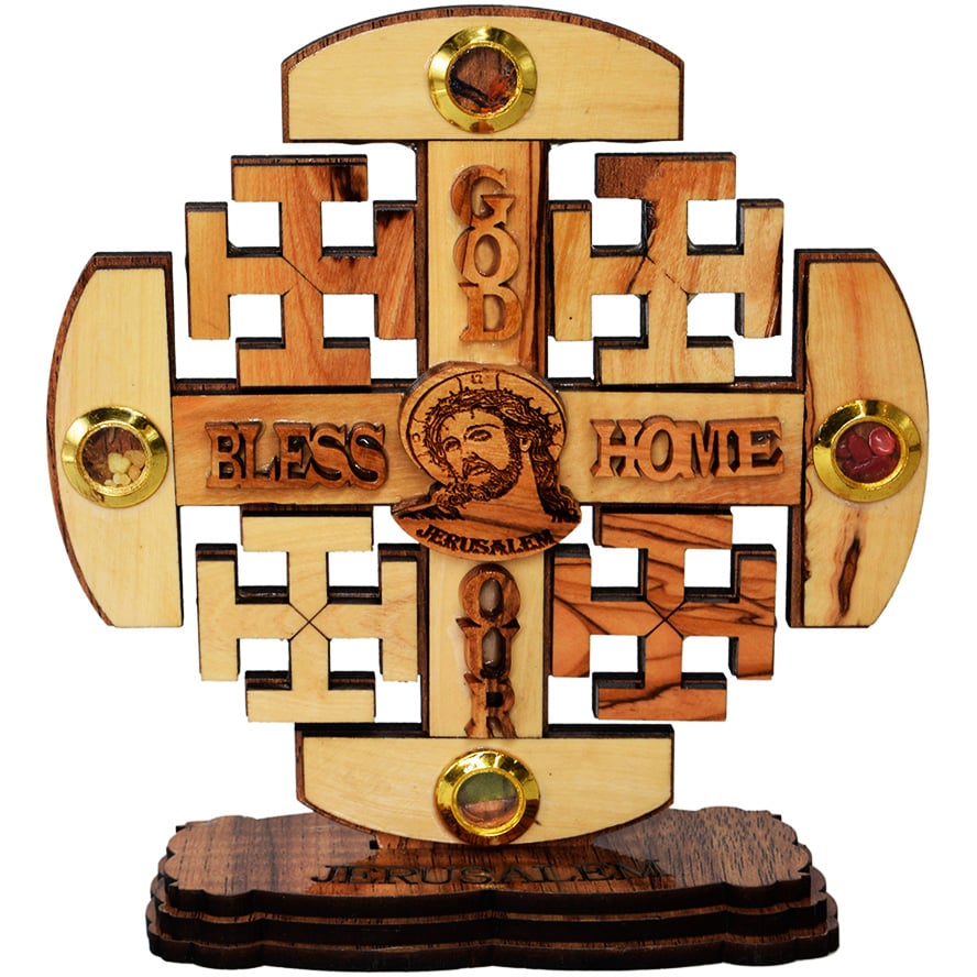 God Bless Our Home' Olive Wood Curved Jerusalem Cross with Incense