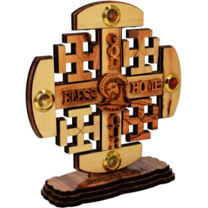 'God Bless Our Home' Olive Wood Curved Jerusalem Cross with Incense (side view)