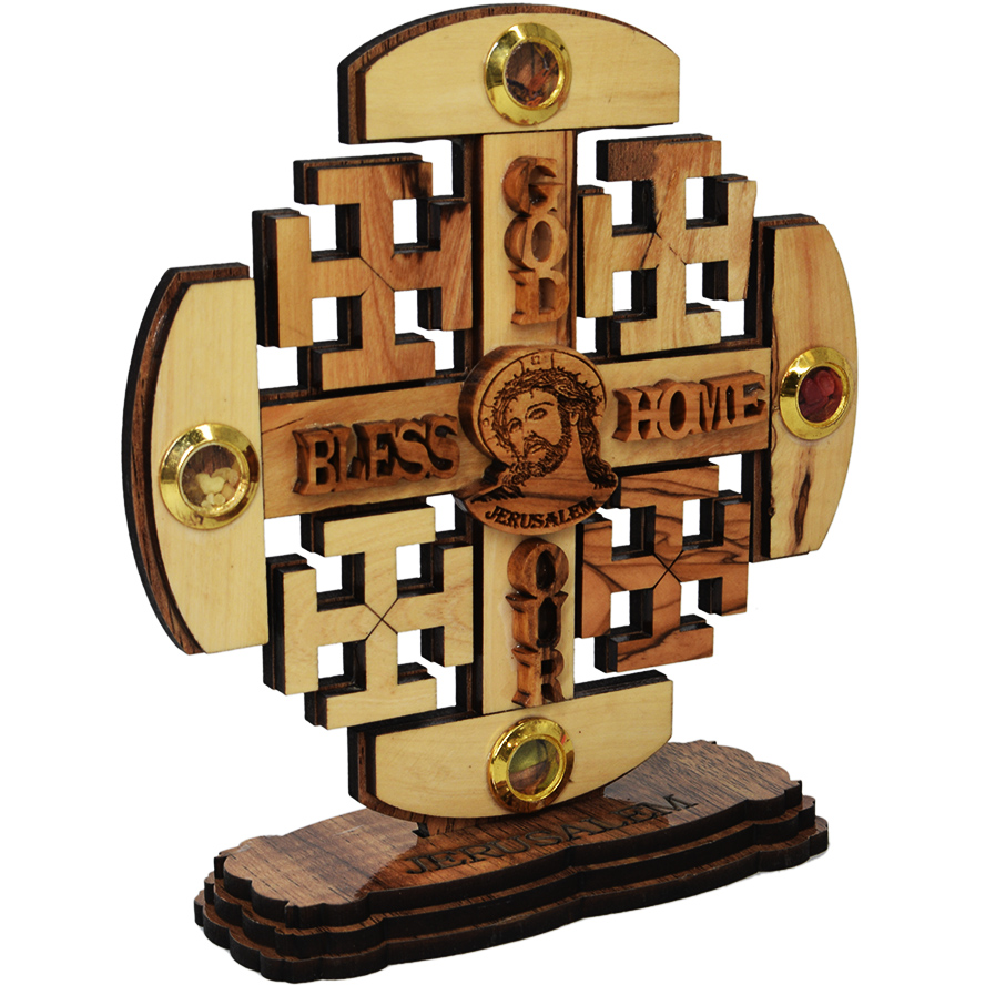 ‘God Bless Our Home’ Olive Wood Curved Jerusalem Cross with Incense (side view)