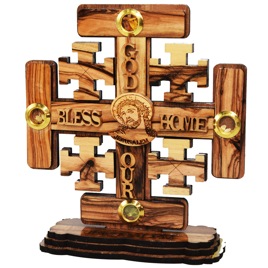 God Bless Our Home’ Olive Wood Jerusalem Cross with Incense