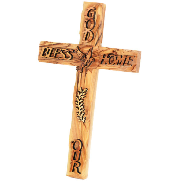 Olive Wood Wall Hanging Cross 'God Bless Our Home' - 10"
