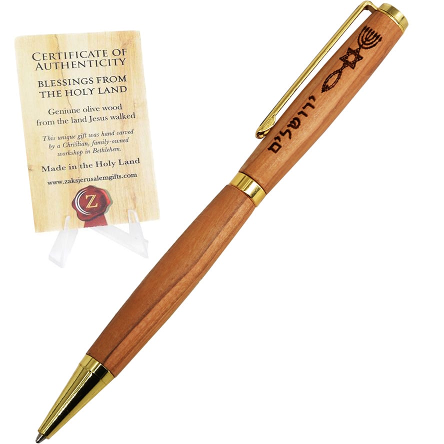 Grafted in Messianic ‘Jerusalem’ in Hebrew Olive Wood Pen – Made in Israel