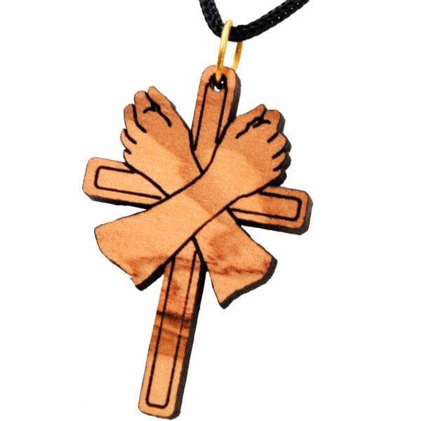 Olive Wood 'Hands Crossed on the Cross' Necklace - Made in Bethlehem