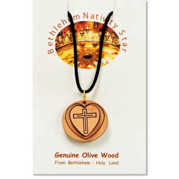 Olive Wood 'Cross inside a Heart' Pendant - Made in Bethlehem (presentation pack)