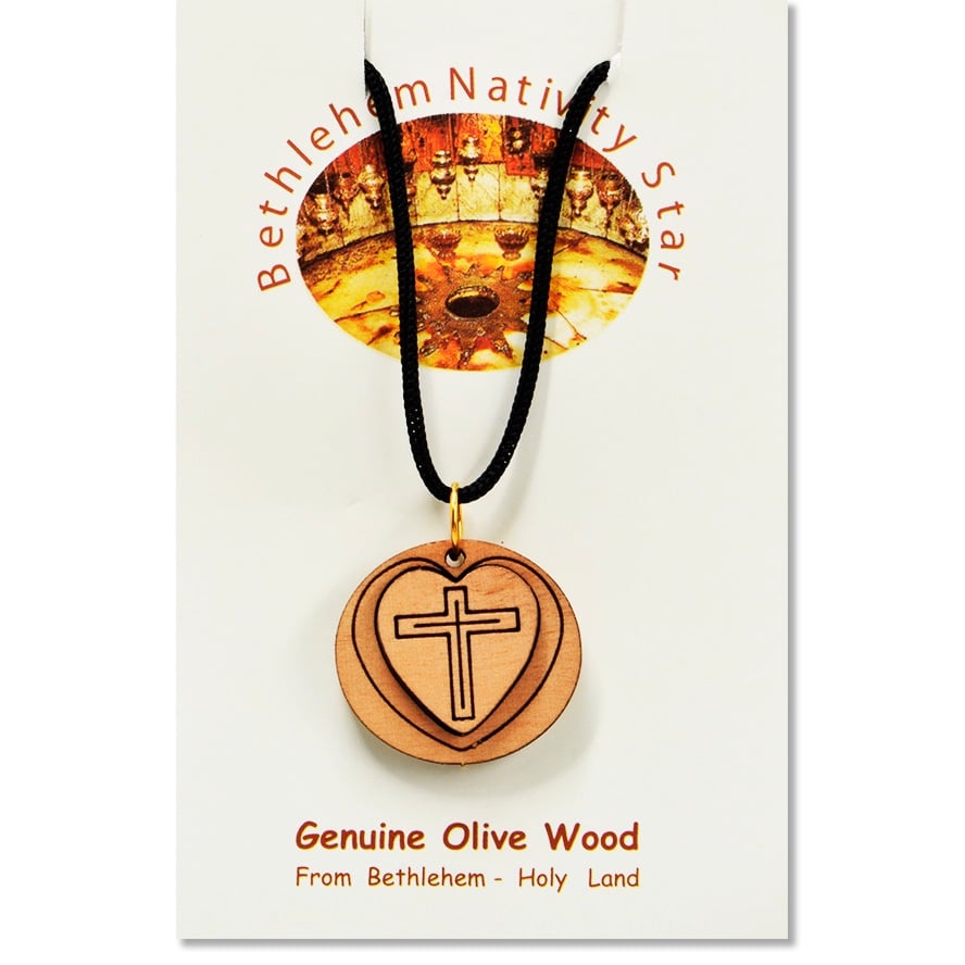 Olive Wood ‘Cross inside a Heart’ Pendant – Made in Bethlehem (presentation pack)