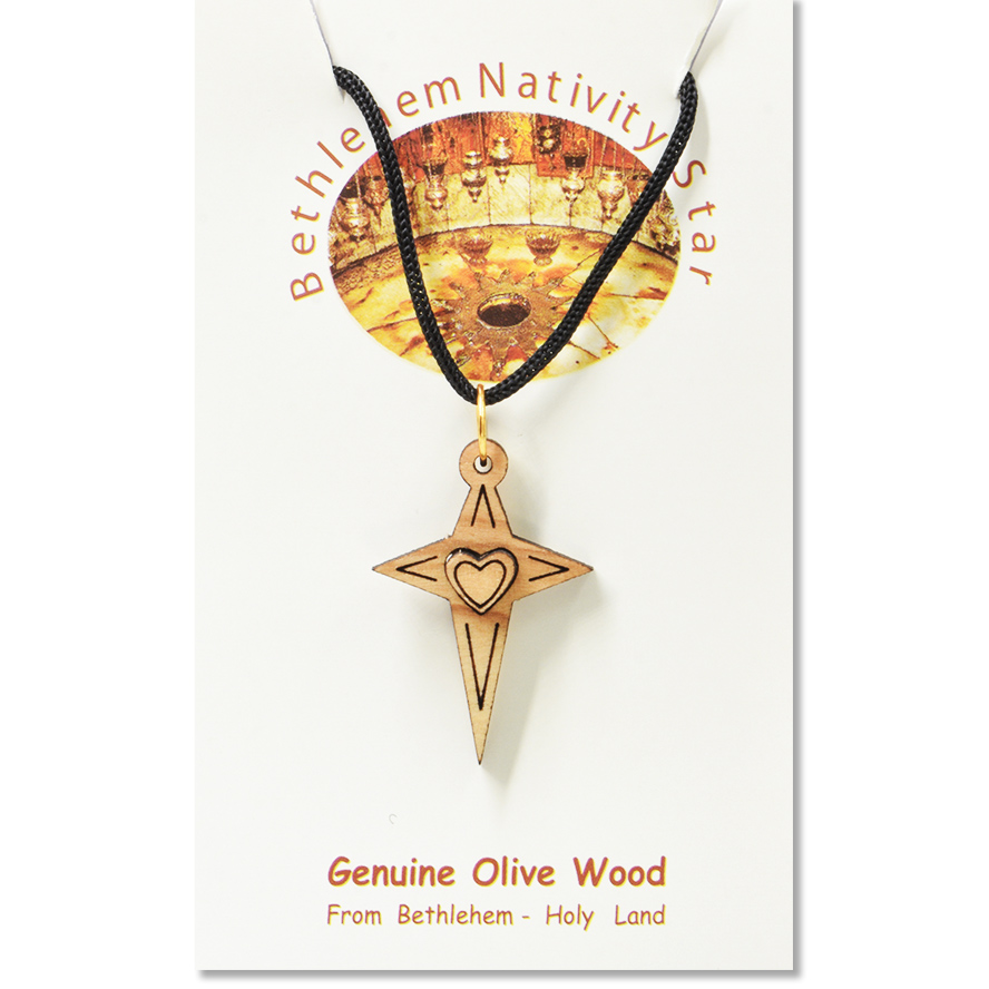 Olive Wood ‘God’s Heart on The Cross’ Holy Land Necklace (certificate)