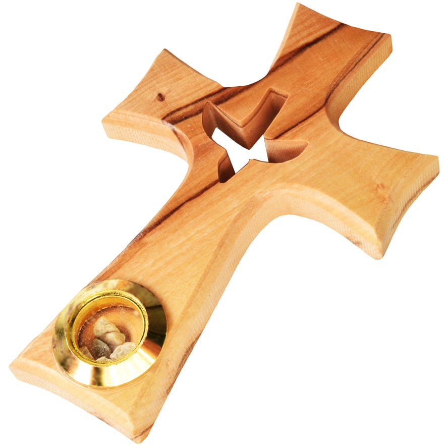 Holy Spirit’ Olive Wood Cross with Dove with Incense Vial – 3.5″