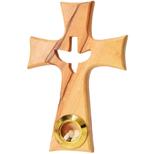 'Holy Spirit' Olive Wood Cross with Dove with Incense Vial - 3.5" (front view)