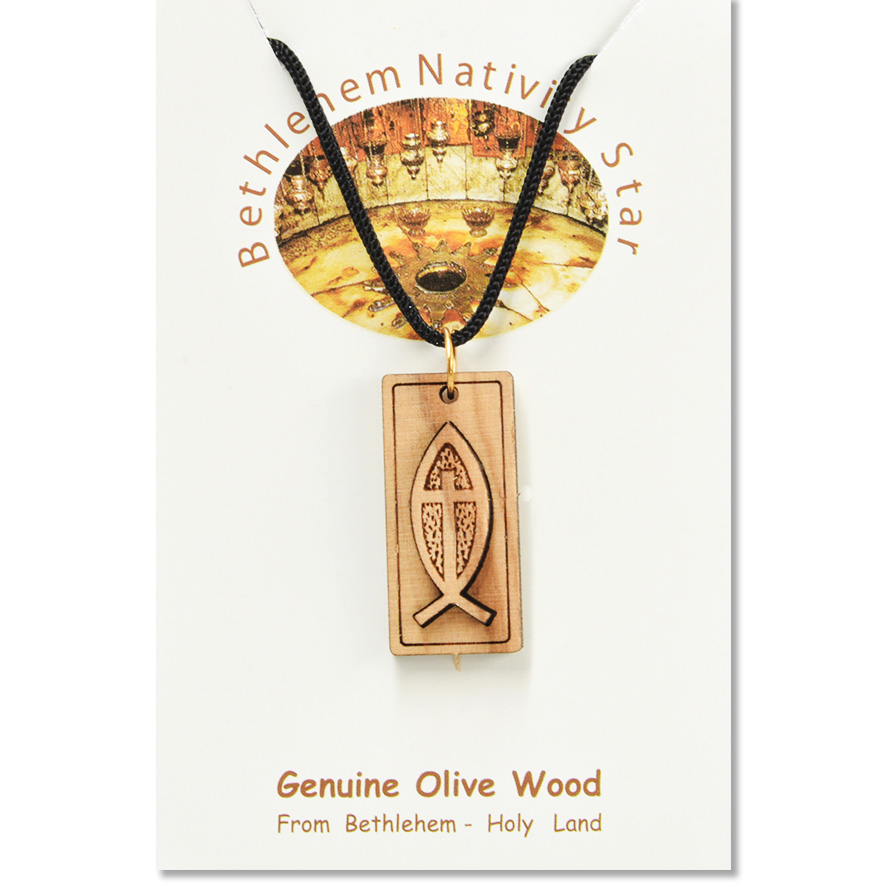 Olive Wood 'Ichthus' Fish with Cross Necklace - Made in the Holy Land - certificate