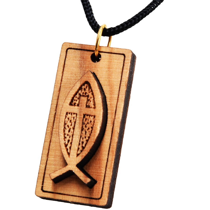 Olive Wood 'Ichthus' Fish with Cross Necklace - Made in the Holy Land