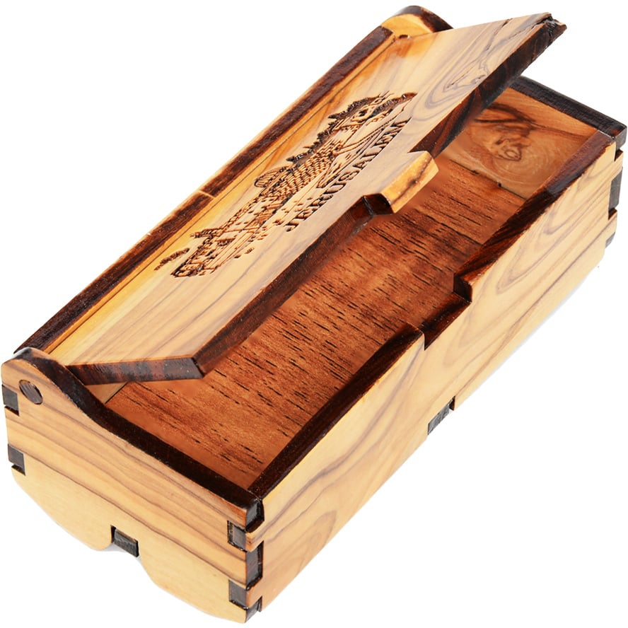 'Jerusalem - Kotel' Olive Wood Engraved Box - Made in Israel (lid open)