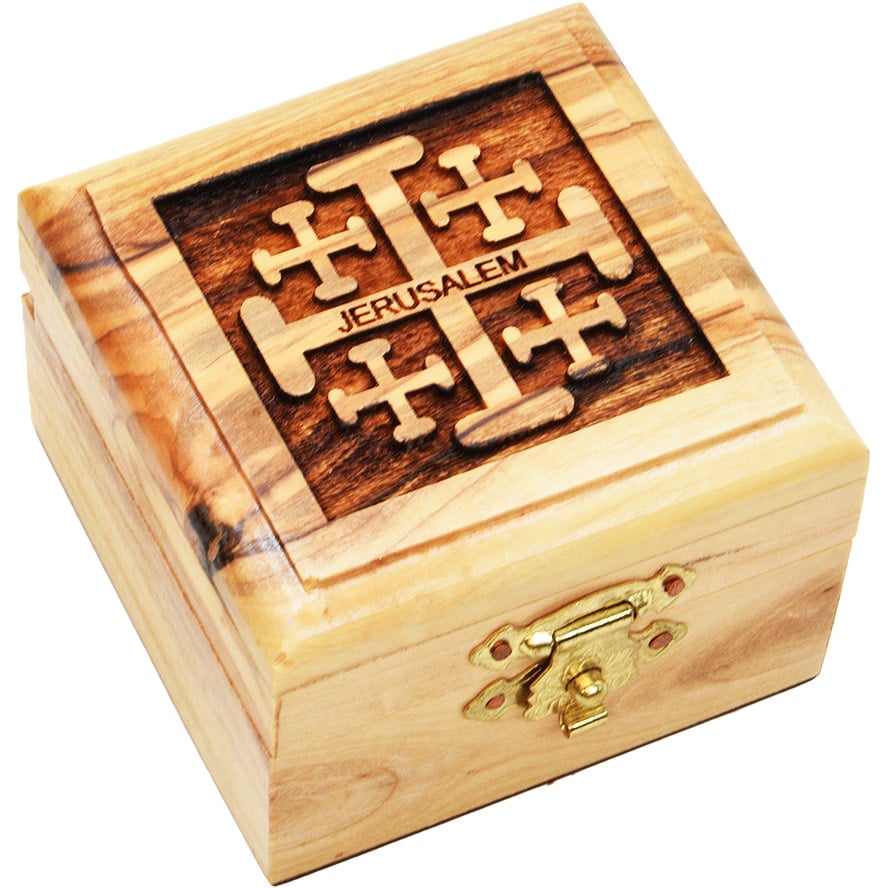 Engraved Olive Wood 'Jerusalem Cross' Box - Made in Bethlehem