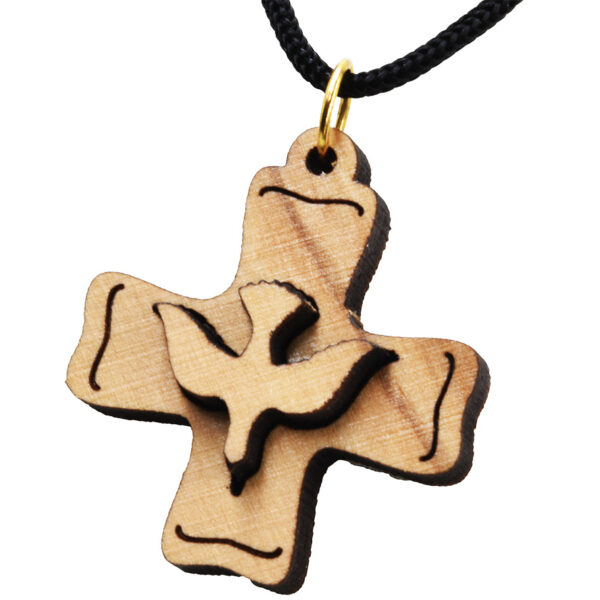 Olive Wood 'Jerusalem Cross' with Holy Spirit Dove 3D Necklace