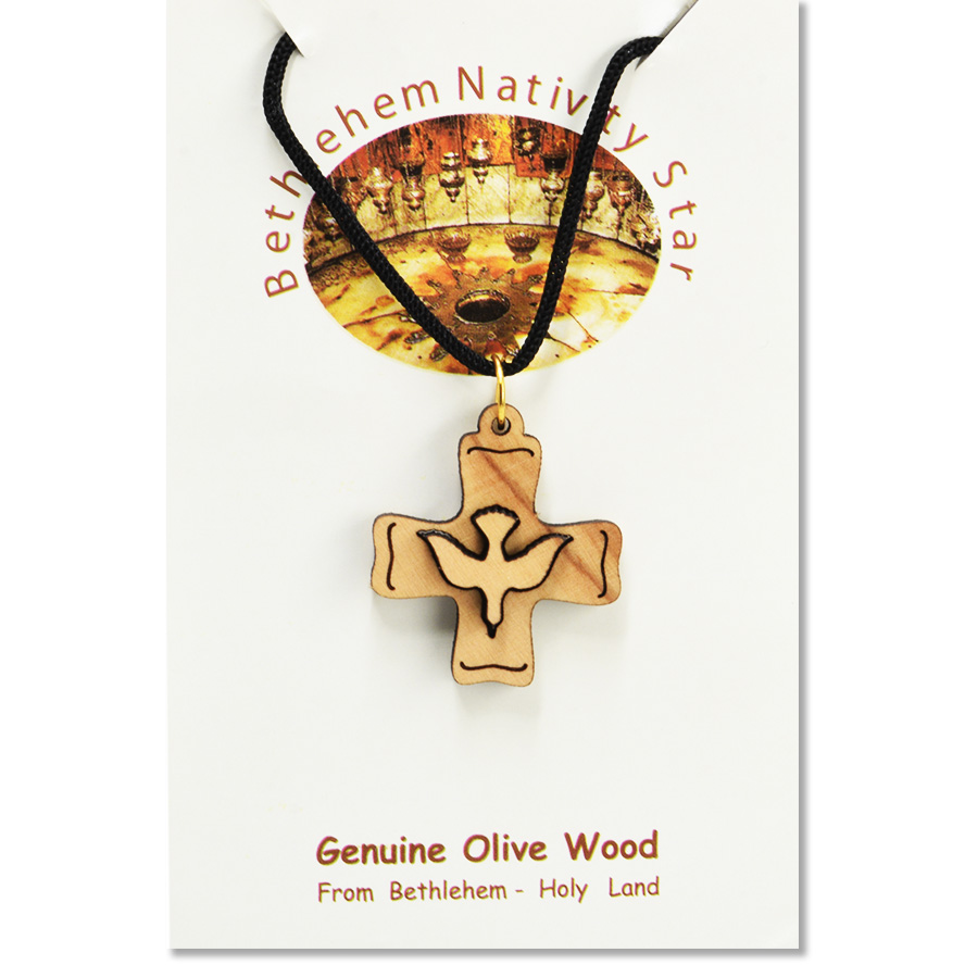 Olive Wood ‘Jerusalem Cross’ with Holy Spirit Dove 3D Necklace (certificate)