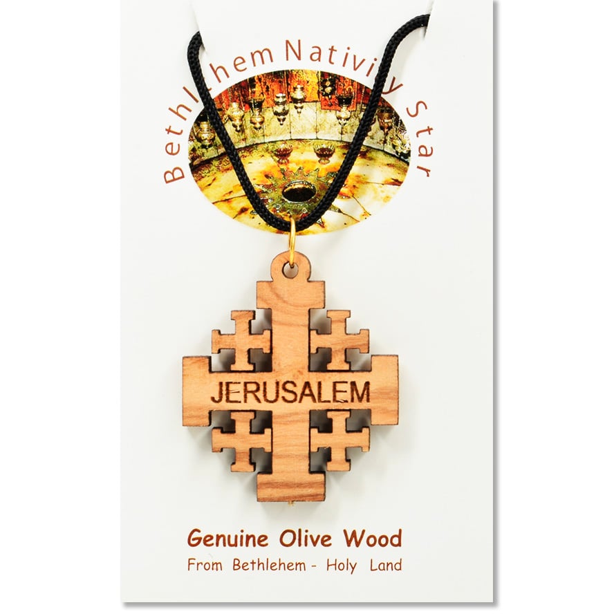 Large Olive Wood ‘Jerusalem Cross’ Pendant – Made in Bethlehem (certificate)