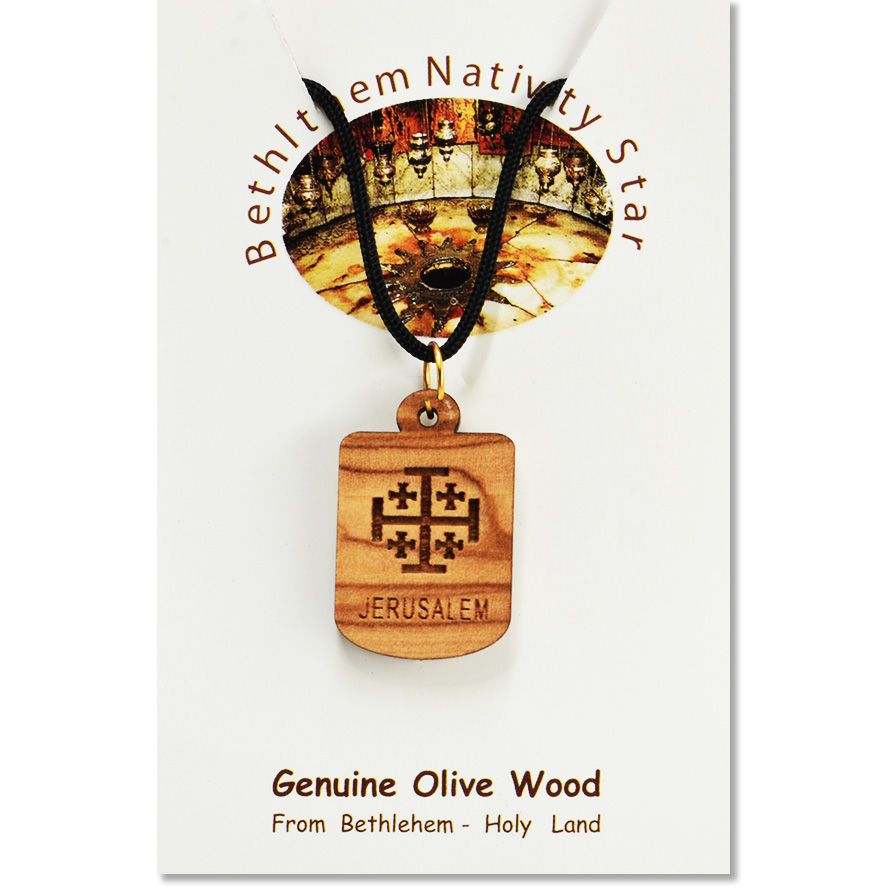 Olive Wood ‘Jerusalem Cross’ Plaque Pendant – Made in the Holy Land (certificate)