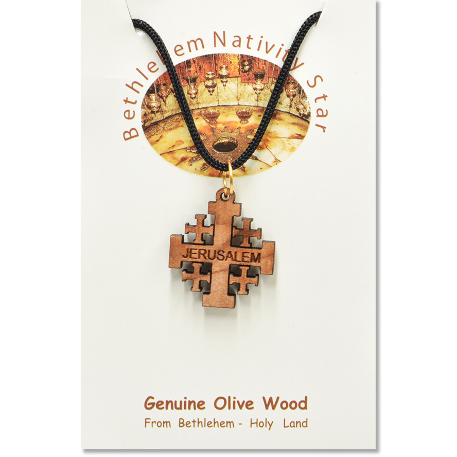Olive Wood ‘Jerusalem Cross’ Necklace – Made in the Holy Land (certificate)