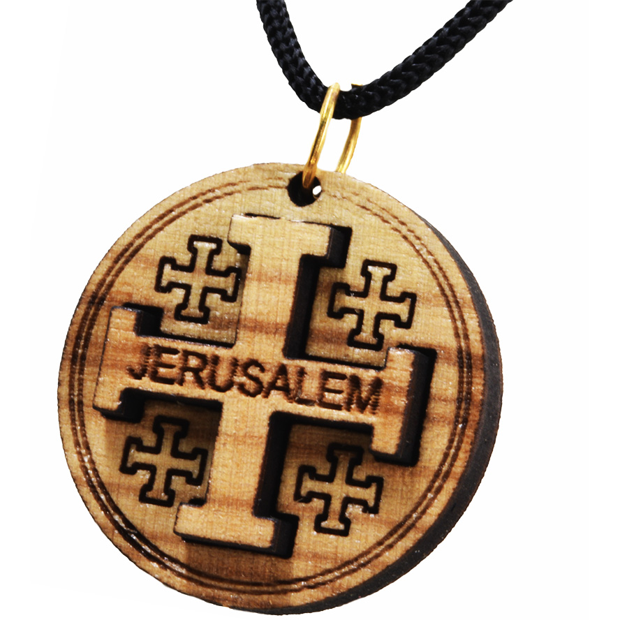Olive Wood 'Jerusalem Cross' 3D Round Necklace - Made in Bethlehem