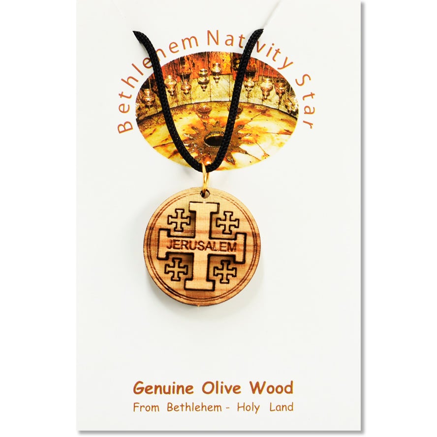Olive Wood ‘Jerusalem Cross’ 3D Round Necklace – Made in Bethlehem (certificate)