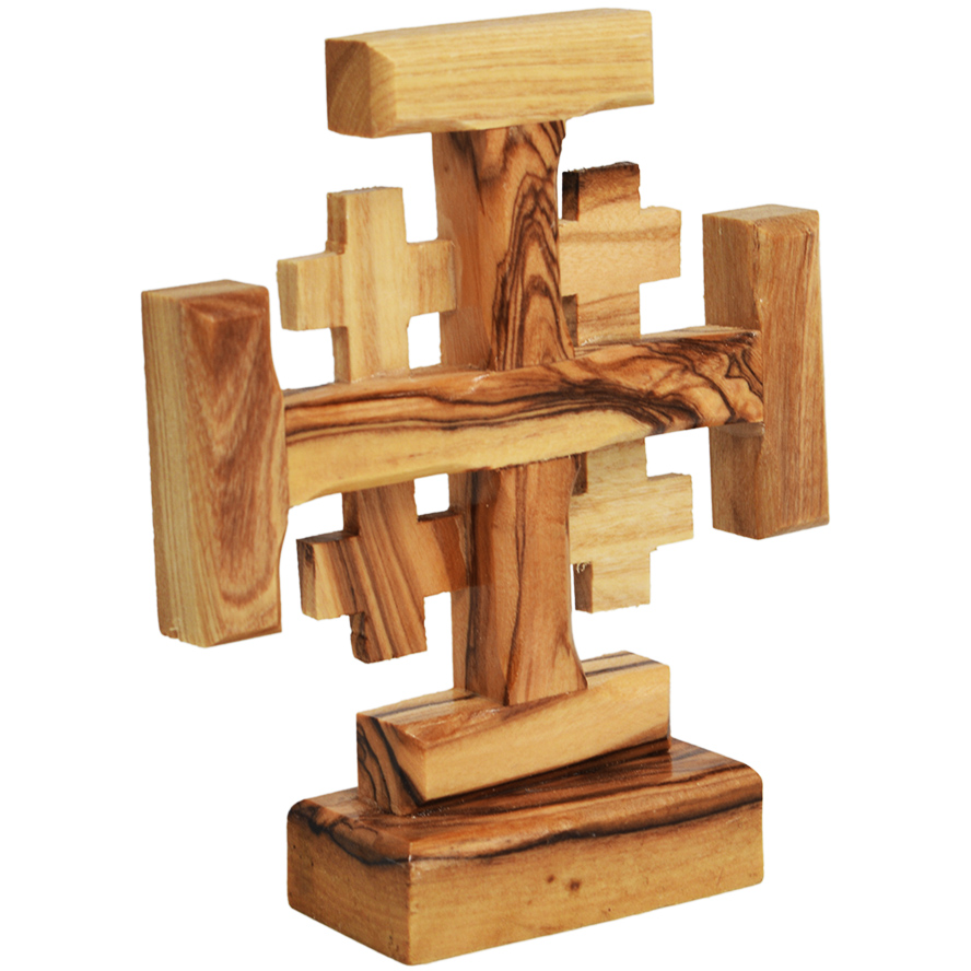 Olive Wood ‘Jerusalem Cross’ Holy Land Standing Ornament – 3.5″ (side view)
