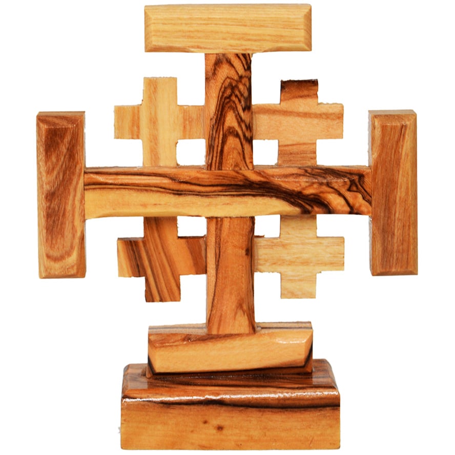 Olive Wood 'Jerusalem Cross' Holy Land Standing Ornament - 3.5"