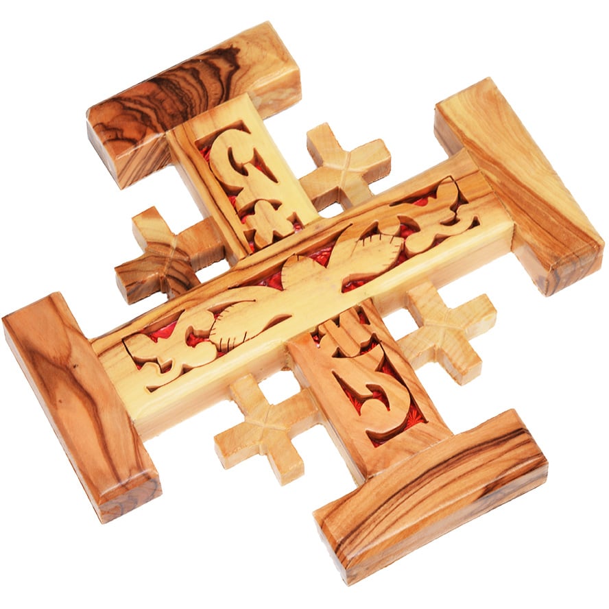 “The True Vine” Carved Olive Wood ‘Jerusalem Cross’ Made in Bethlehem