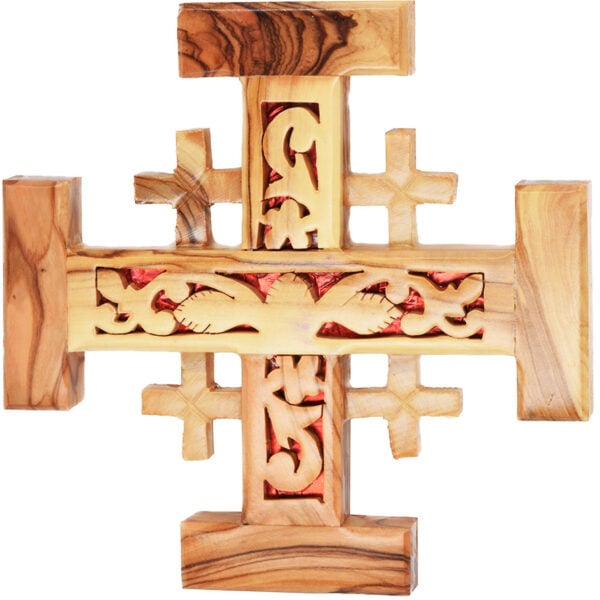 "The True Vine" Carved Olive Wood 'Jerusalem Cross' Made in Bethlehem (front view)