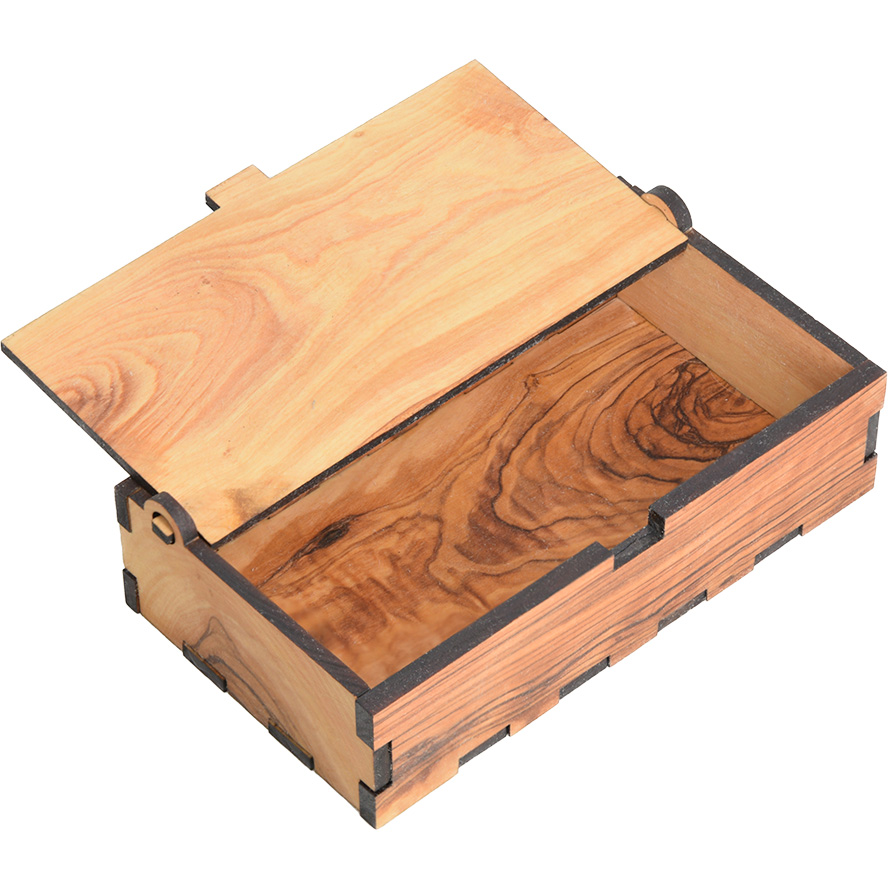 Olive Wood ‘Jerusalem’ Engraved Box – Made in Israel – 5″ x 3″ (box open)