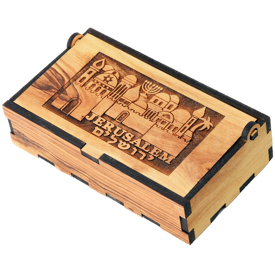 Olive Wood ‘Jerusalem’ Engraved Box – Made in Israel – 5″ x 3″