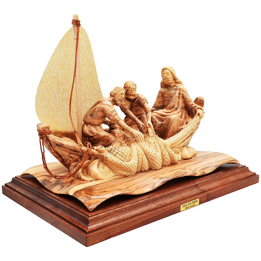 Jesus With Disciples In Boat Figure - Olive Wood - 10.5 inch