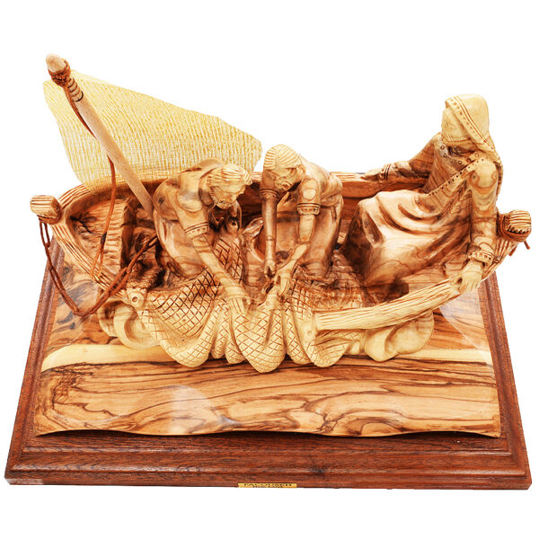 Jesus With Disciples In Boat Figure - Olive Wood - 10.5 inch (top view)