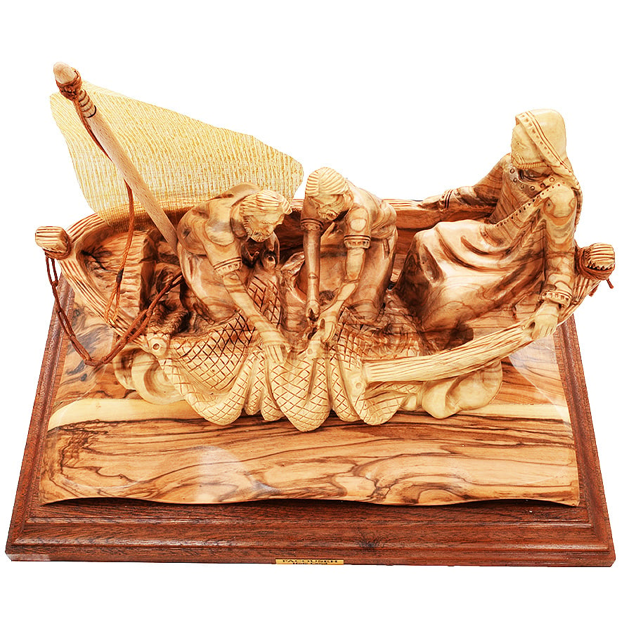 Jesus With Disciples In Boat Figure – Olive Wood – 10.5 inch (top view)