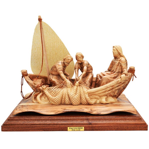 Jesus With Disciples In Boat Figure - Olive Wood - 10.5 inch