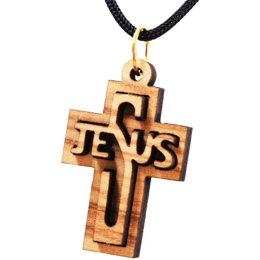 Olive Wood ‘Jesus Cross’ 3D Pendant – Made in the Holy Land