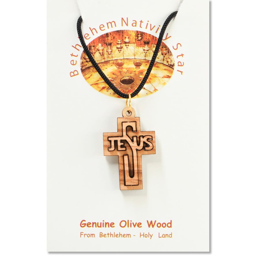 Olive Wood ‘Jesus Cross’ 3D Pendant – Made in the Holy Land (certificate)