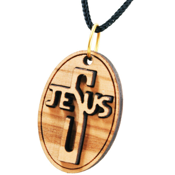 Olive Wood 'Jesus Cross' 3D Oval Necklace - Made in the Holy Land