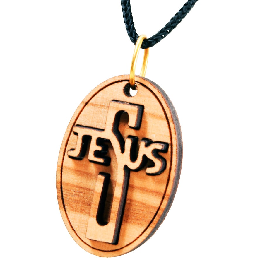Olive Wood ‘Jesus Cross’ 3D Oval Necklace – Made in the Holy Land