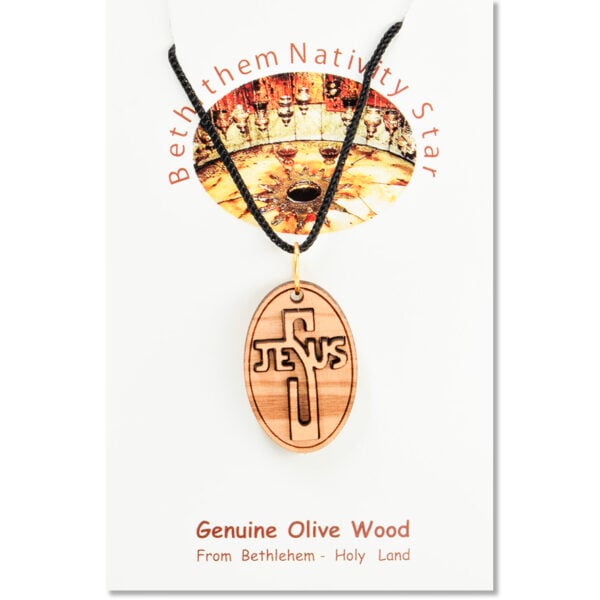 Olive Wood 'Jesus Cross' 3D Oval Necklace - Made in the Holy Land (certificate)