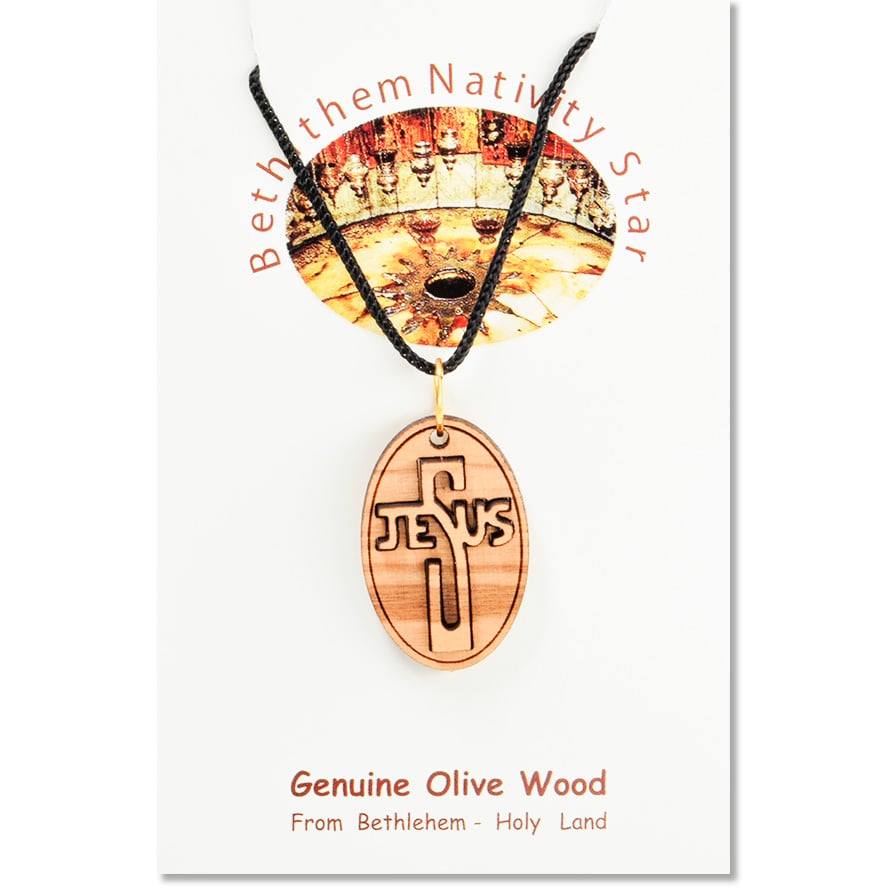 Olive Wood ‘Jesus Cross’ 3D Oval Necklace – Made in the Holy Land (certificate)