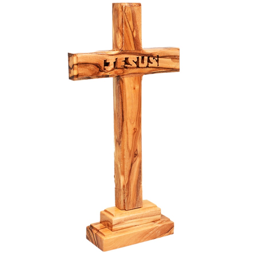 Free Standing Olive Wood 'Jesus' Cross from Jerusalem - 8"
