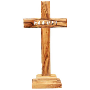 Free Standing Olive Wood 'Jesus' Cross from Jerusalem - 8" (front view)