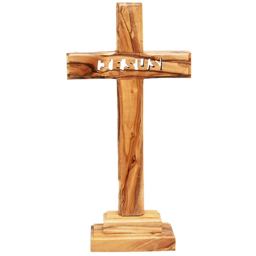Free Standing Olive Wood ‘Jesus’ Cross from Jerusalem – 8″ (front view)
