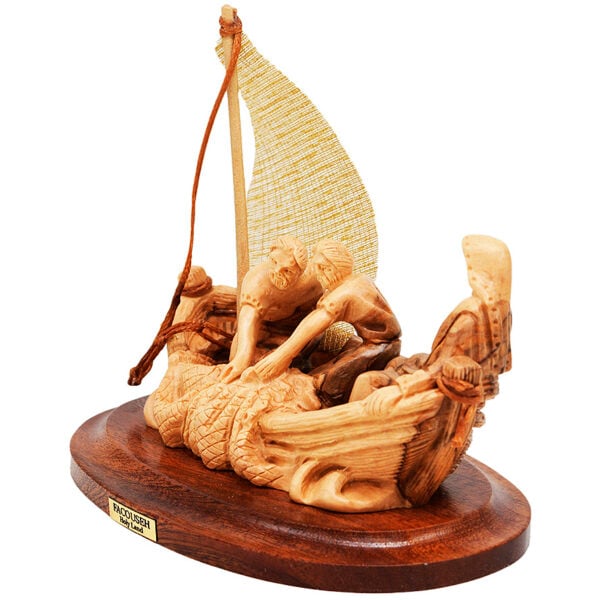 'Jesus with His Disciples in Fishing Boat' Olive Wood Carving 5" (side view)