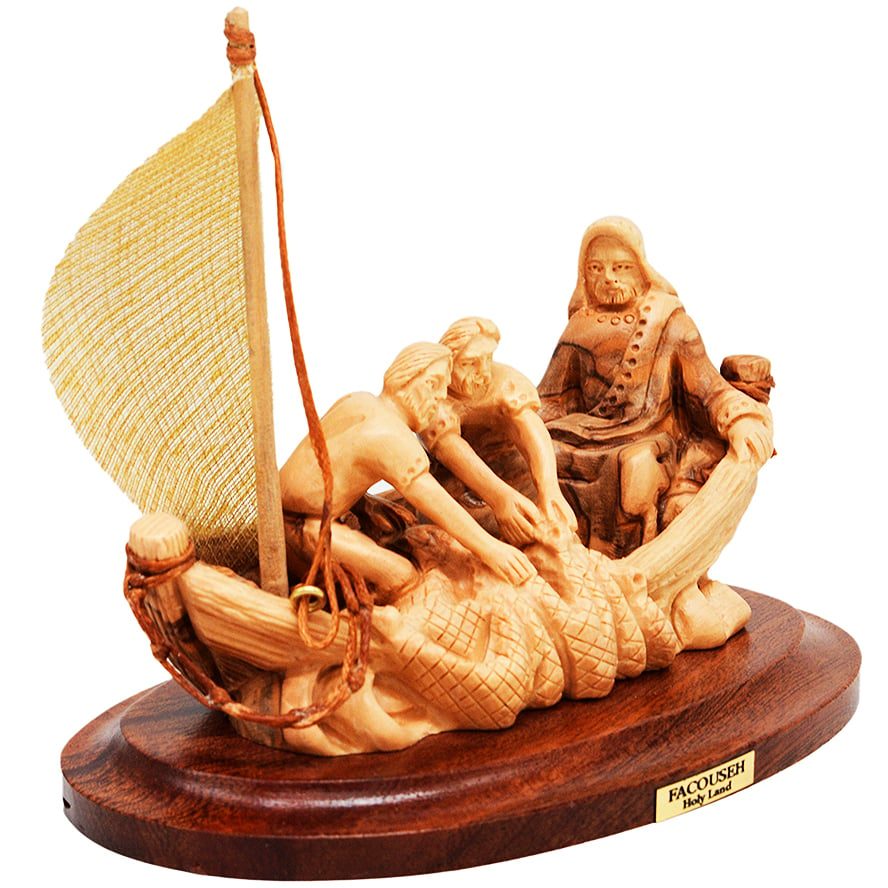 ‘Jesus with His Disciples in Fishing Boat’ Olive Wood Carving 5″ (angle view)