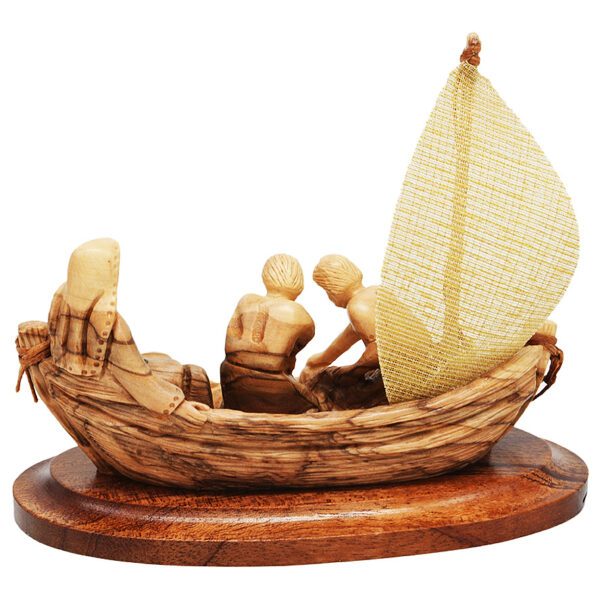 'Jesus with His Disciples in Fishing Boat' Olive Wood Carving 5" (back view)