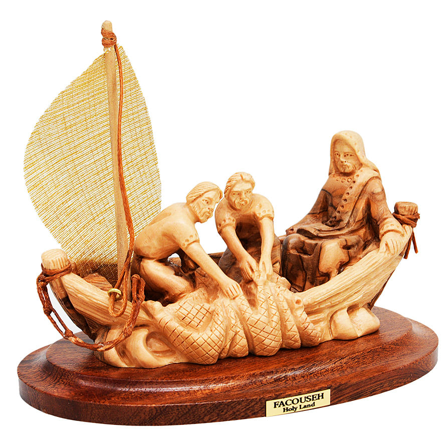 Jesus with His Disciples in Fishing Boat' Ornament - Olive Wood 5"