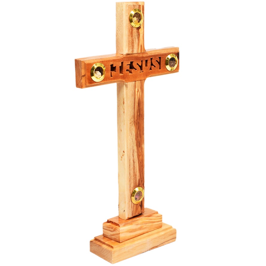 Free Standing Olive Wood ‘Jesus’ Cross with Incense – 8″ (angle view)
