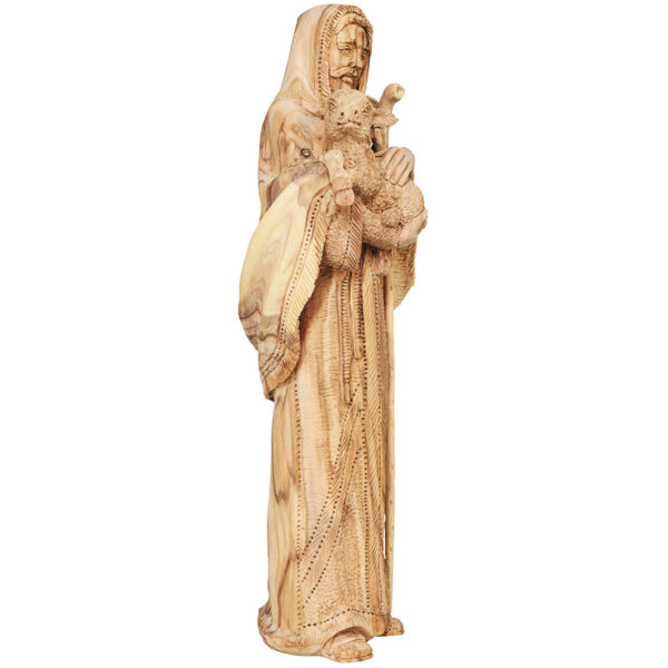Biblical 'Jesus the Good Shepherd' Statue 'Grade A' Olive Wood Figurine (side view)